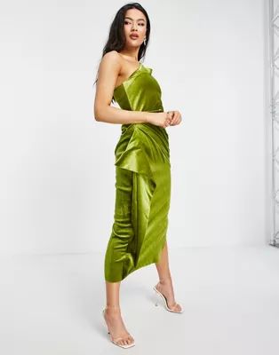 ASOS DESIGN one shoulder puff sleeve velvet ruffle midi dress in olive | ASOS (Global)