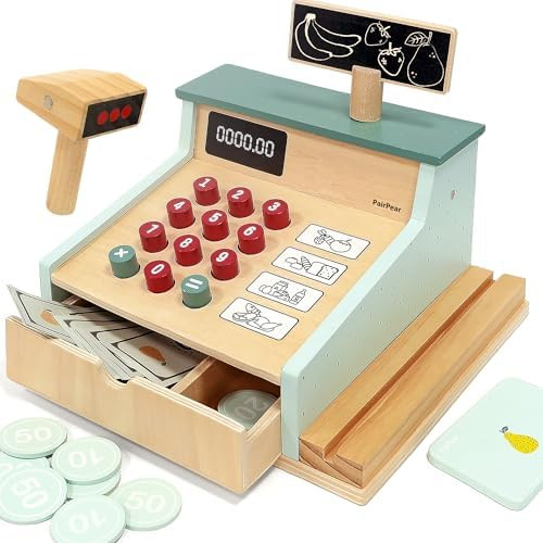 PairPear Wooden Toy Cash Register,Kids Pretend Play Money Counting Toys with Scanner and Credit C... | Amazon (US)