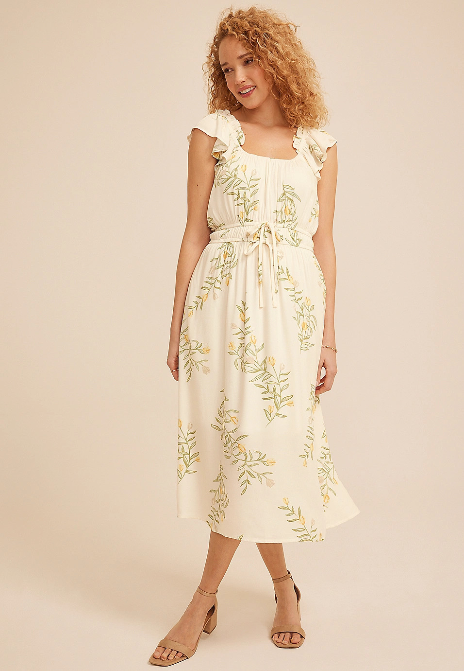 Floral Micro Flutter Sleeve Midi Dress | Maurices