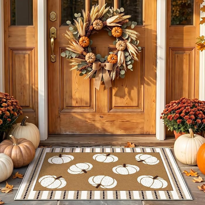 Drydiet 2 Pcs Fall Layered Doormat Set Neutral Pumpkin with Stripe Rug | Amazon (US)