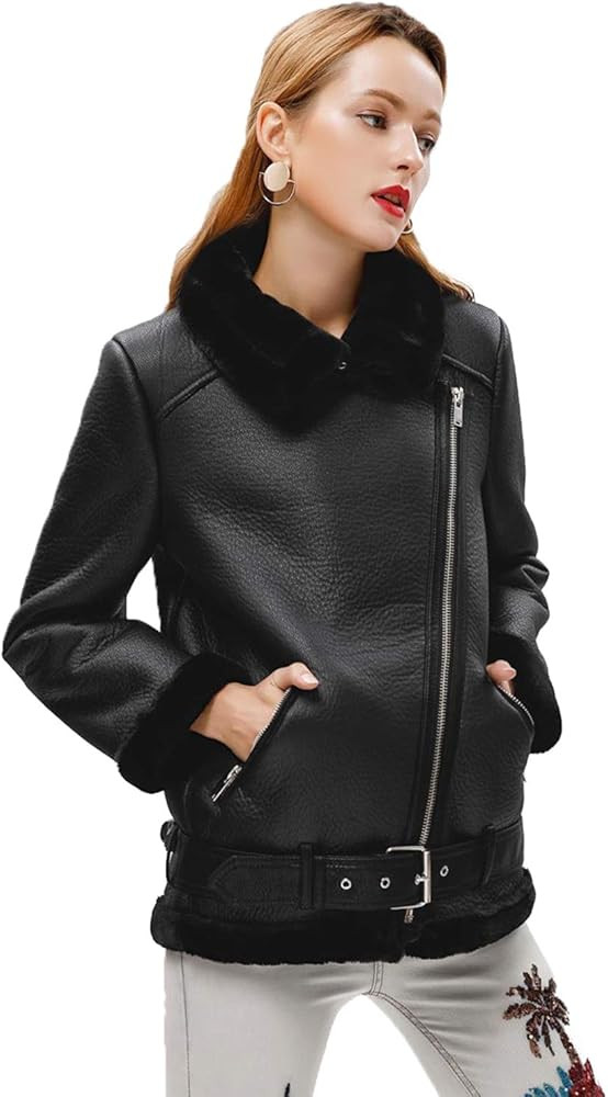 Winter Women's Faux Leather Lambs Leather Jacket Moto Biker Short Coat Wool Fur Collar Zipper Jac... | Amazon (US)