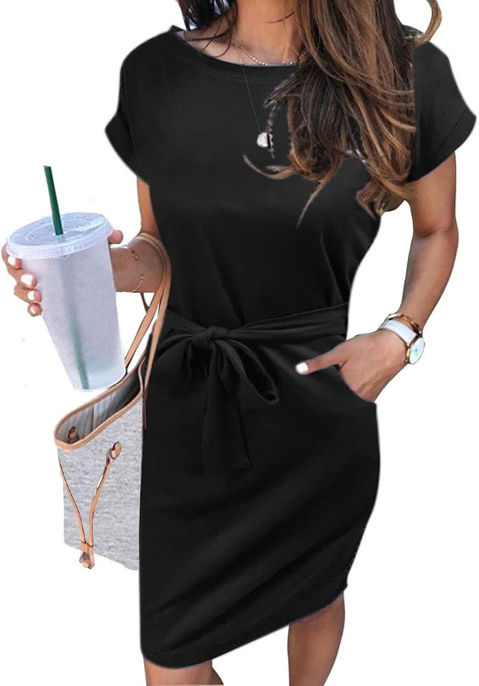 MEROKEETY Women's Summer Striped Short Sleeve T Shirt Dress Casual Tie Waist Midi Dress | Amazon (US)