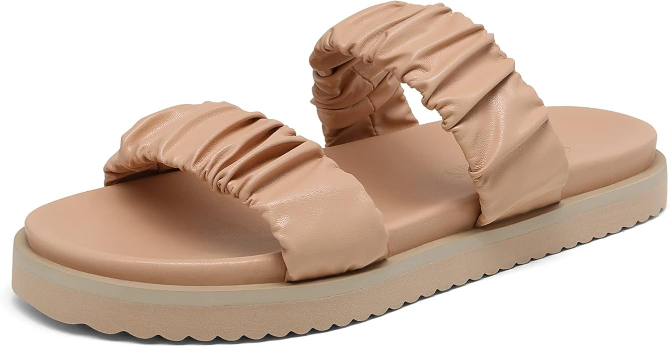 DREAM PAIRS Women's Slide Sandals Slip on Open Toe Cute Two Straps Flat Sandals for Summer | Amazon (US)
