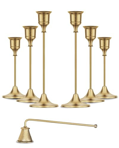 Gold Candleholders for Taper Candlesticks Plus Candle Snuffer – Dining Table Décor Centrepiece - Brass Candelabra Candlestick Holder - Gold Décor for Home Weddings Celebrations Events (Set of 6 Pcs) | Amazon (US)