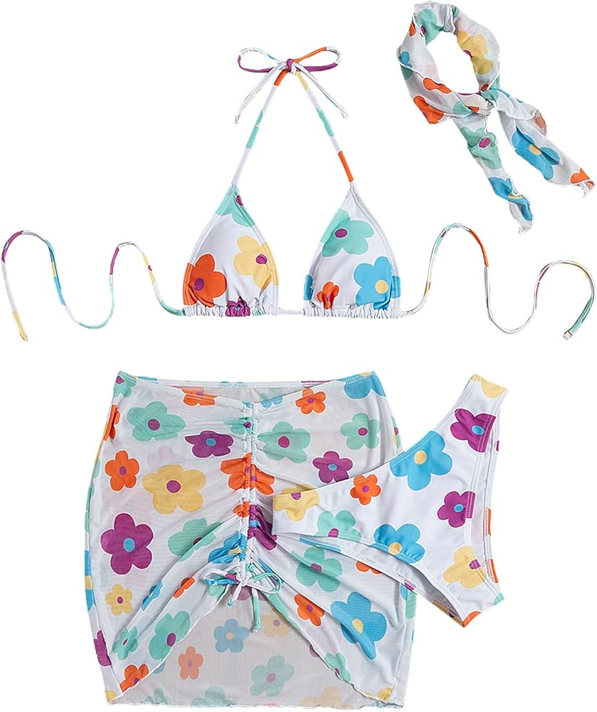 SOLY HUX Women's 4 Piece Swimsuits Triangle Bikini Bathing Suits with Mesh Beach Skirt & Bandana | Amazon (US)