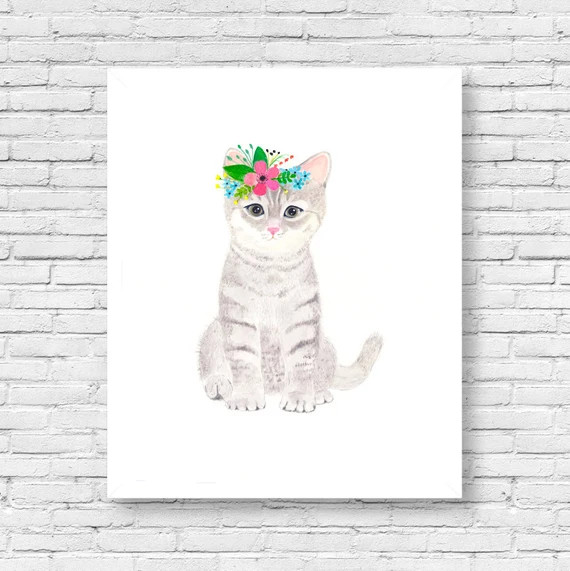 Watercolor Kitten Woodland Nursery Animal Paintings Cat - Etsy | Etsy (US)