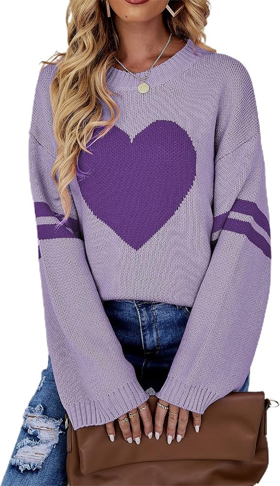 FOMOYUU Women Heart Print Sweater Valentine’s Day Pullovers Long Sleeve Round Neck Knitted Blou... | Amazon (US)