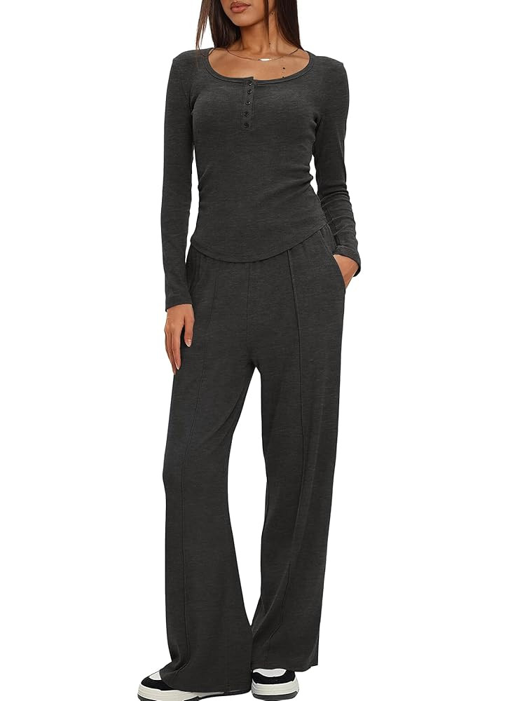 Darong Women's Fall Trendy 2 Piece Outfits Lounge Sets Long Sleeve Top Henley Shirts Wide Leg Pan... | Amazon (US)