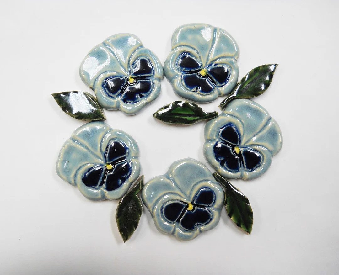 Pansy Craft Tiles, Handmade Ceramic Art Tiles,  Blue Floral Mosaic Tiles, set of 5 pansies & 5 le... | Etsy (US)