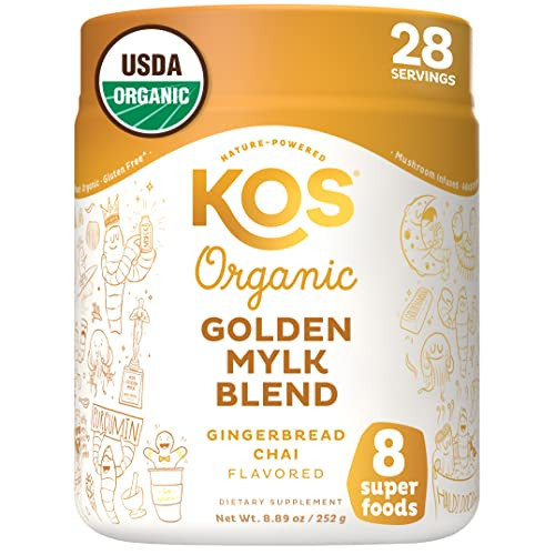 KOS Golden Mylk with Tumeric and Ginger, Organic Superfood Latte Powder, Adaptogen Mushroom Blend - Coffee Creamer, Dessert & Smoothie - Caffeine Free, Vegan, Dairy-Free, Gingerbread Chai, 28 Servings | Amazon (US)