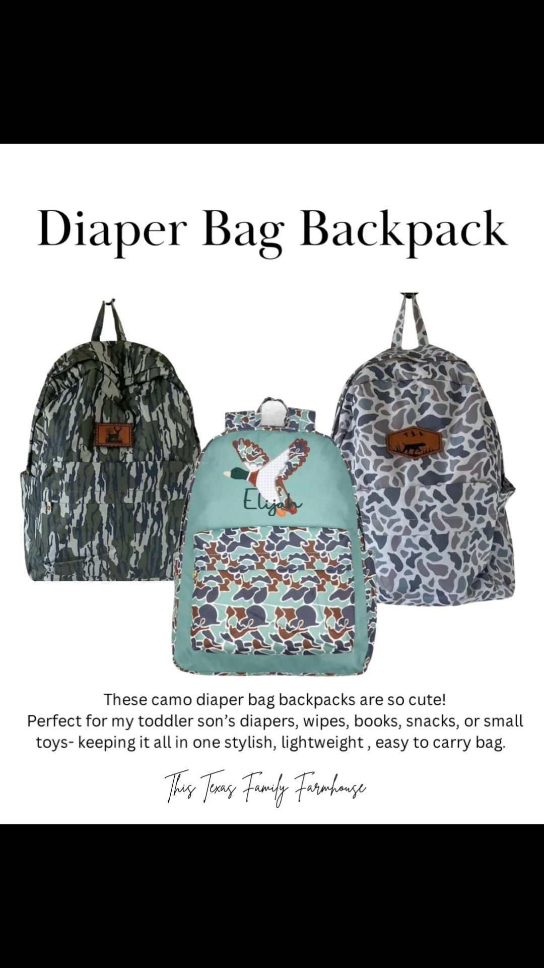 Needing to replace my toddler boy’s diaper bag. Adding one of these backpacks to my cart so that it can be utilized now as a diaper bag, but as he grows can be a good overnight bag or back pack for pre-k. 

Love the personalization and camo print! 

Toddler back pack | toddler diaper bag | baby diaper bag | camo backpack | camo diaper bag | toddler must have | baby essentials | camo style | hunting family  

#LTKWatchNow #LTKKids #LTKBaby