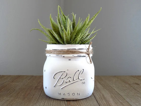 Mason jar succulent planter with aloe plant, artificial succulent planter, distressed mason jar s... | Etsy (US)