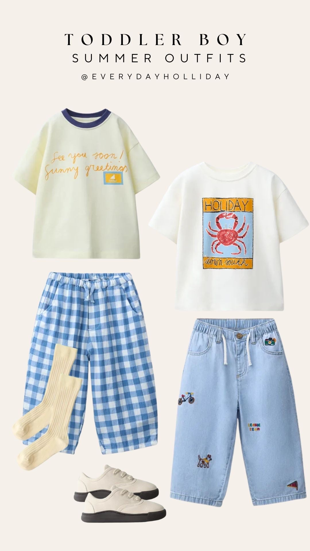 Zara toddler boy summer outfits and both of these looks are so good — sunny greetings tee with blue gingham trousers, and a Holiday crab graphic with embroidered wide-leg denim. All Zara, all linked!

#LTKootd #LTKBaby #LTKKids