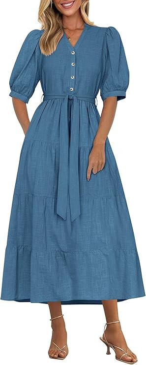 PRETTYGARDEN Summer Dresses for Women 2026 Elegant Classy Short Sleeve V Neck Ruffle A Line Belte... | Amazon (US)