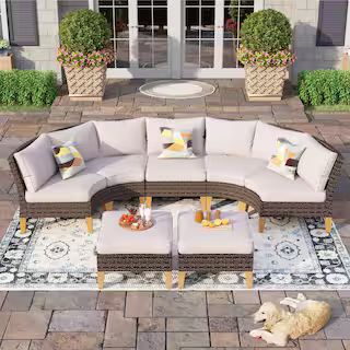 PHI VILLA Brown Rattan Wicker 7 Seat 7-Piece Steel Patio Outdoor Sectional Set with Beige Cushion... | The Home Depot