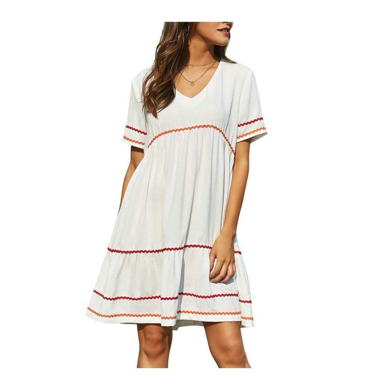 Grace Karin Women V Neck Short Sleeve Summer Dress Casual Loose Plain Tiered Swing Dress | Walmart (US)