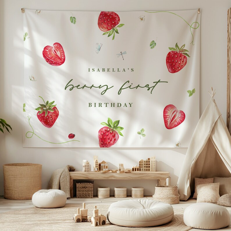 Strawberry Birthday Backdrop - Custom Berry First Party Banner - Berry Sweet Party Decor - Berrie... | Etsy (US)