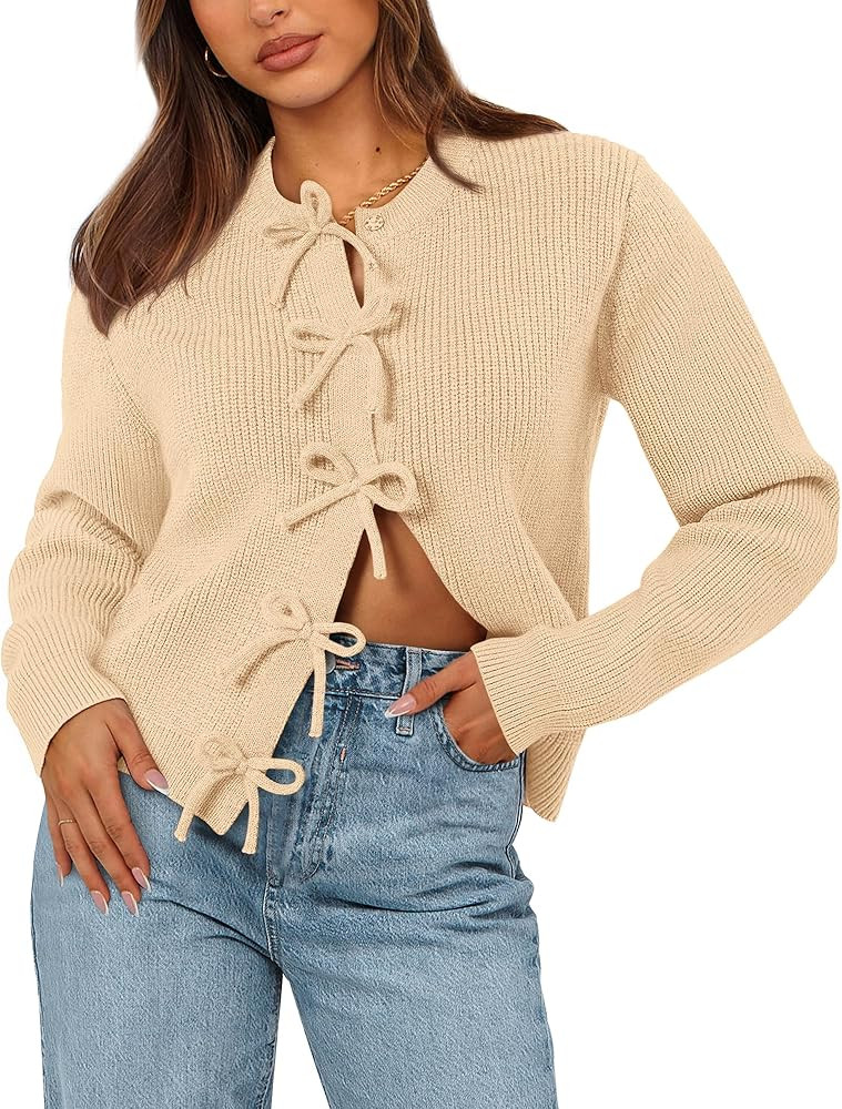 BTFBM Cardigan Sweaters for Women Trendy 2025 Fall Open Front Long Sleeve Button Down Bow Knot Cr... | Amazon (US)