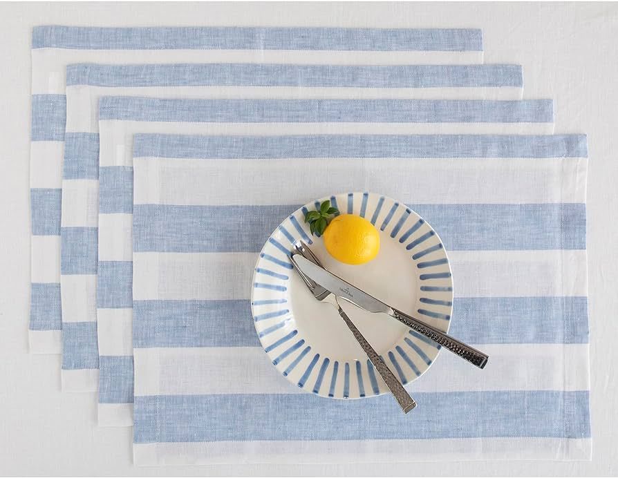 Solino Home Cabana Stripe Linen Placemats Set of 4 – 100% Pure Linen Summer Sky Blue and White ... | Amazon (US)