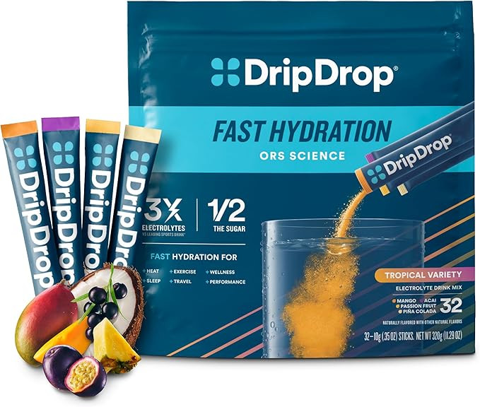 DripDrop Hydration Packets - Tropical Variety Pack - Single Serve Electrolytes Powder Drink Mix -... | Amazon (US)