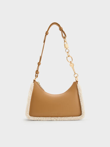Fur-Trim Lock & Key Chain Handle Bag
 - Camel | Charles & Keith US