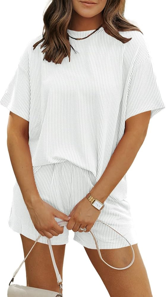 MARZXIN Women's 2 Piece Outfits Summer Tracksuit Ribbed Textured Knit Loose Lounge Shorts Set | Amazon (US)