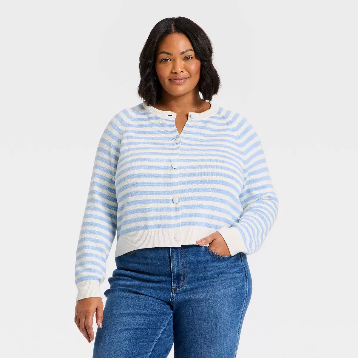 Women's Crewneck Cotton Cardigan - Universal Thread™ Blue Striped 2X | Target
