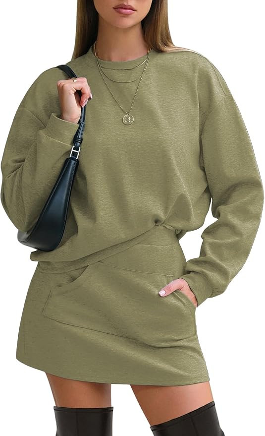 EXLURA Women 2 Piece Skirt Set Airport Outfits 2026 Cotton Travel Sweat Suit Casual Lounge Crewne... | Amazon (US)