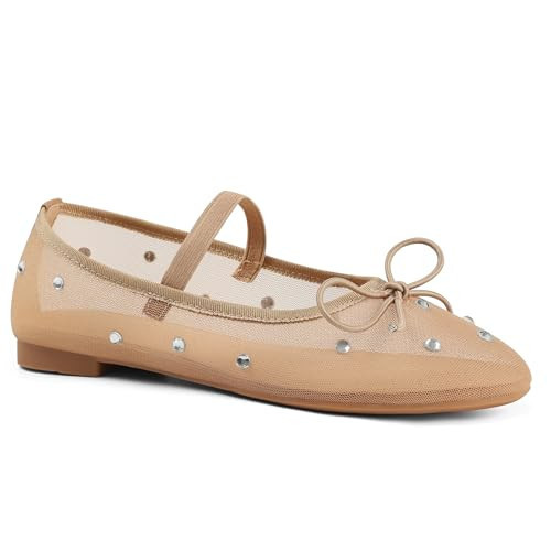 Fashion Ballet Flats for Women Nude Shoes Mesh Rhinestone Bowknot Womens Flats Round Toe Comfy Dressy Summer Ballerina Flats Stretch Strap Mary Jane Flats Trendy Ladies Size 7.5 | Amazon (US)