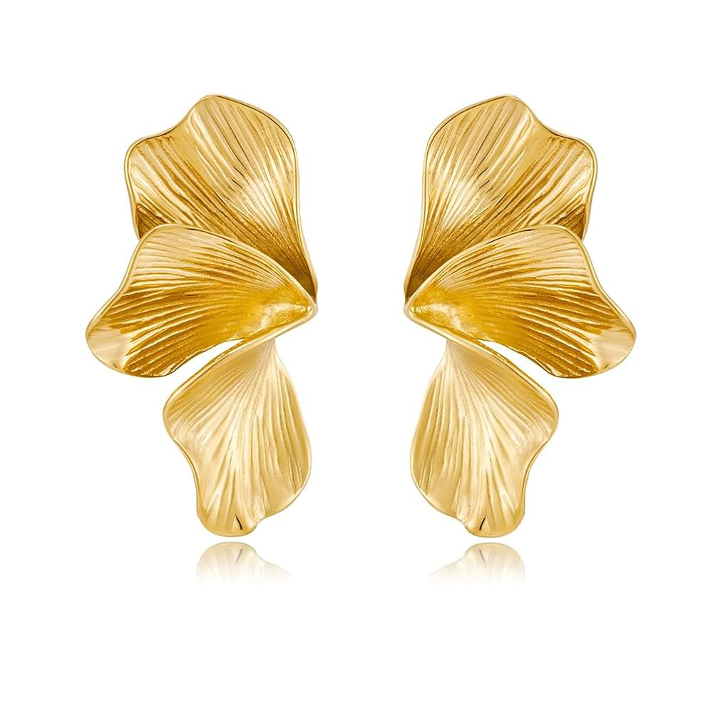 Bold Floral Statement Stud Earrings for Women – Large Gold Plated Leaf Design Earrings Chunky S... | Amazon (US)
