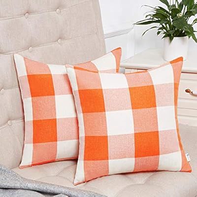 Anickal Set of 2 Fall Orange and White Buffalo Check Plaid Throw Pillow Covers Farmhouse Decorati... | Amazon (US)