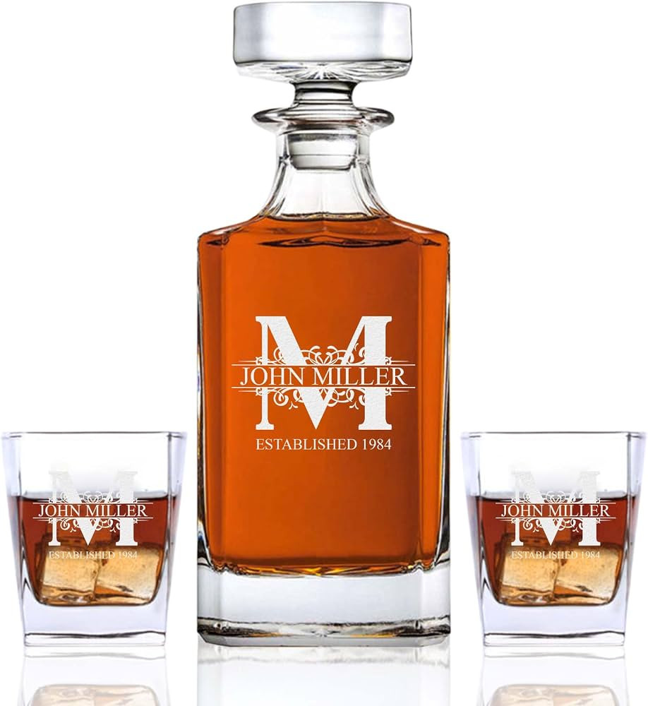 Personalized 3 piece Whiskey Decanter Set - Decanter and 2 Glasses Gift Set - Custom Engraved (Ro... | Amazon (US)