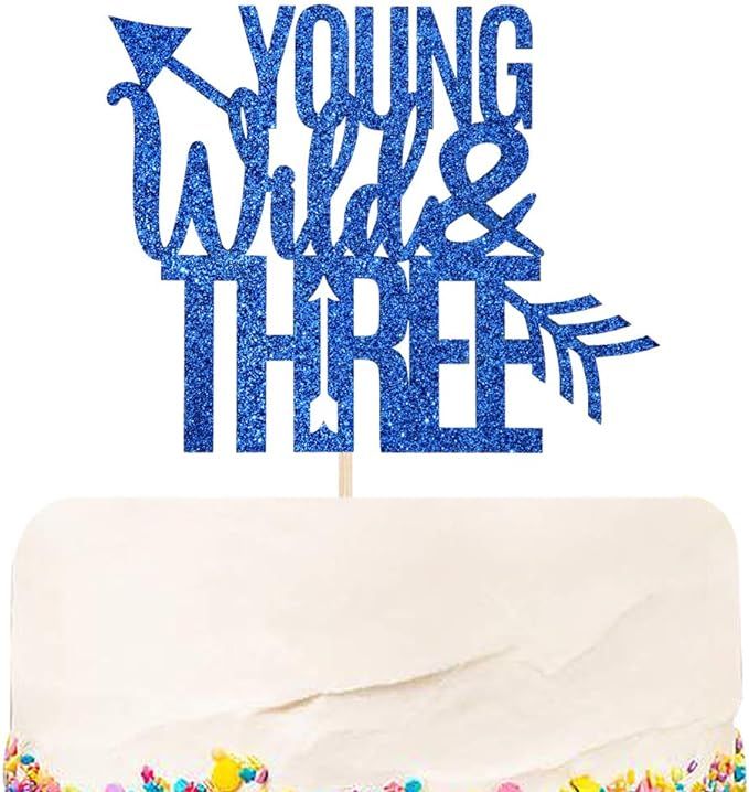Halodete Glitter Young Wild & Three Cake Topper - Happy 3rd Birthday Cake Topper - Children Birth... | Amazon (US)