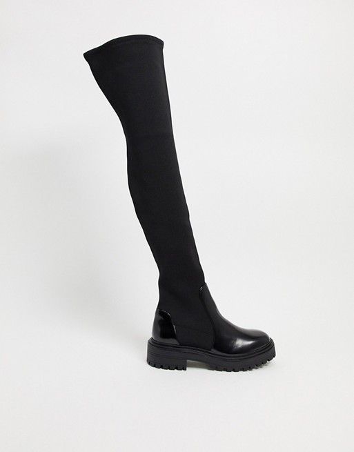 ASOS DESIGN Keeley chunky flat over the knee boots in black | ASOS (Global)