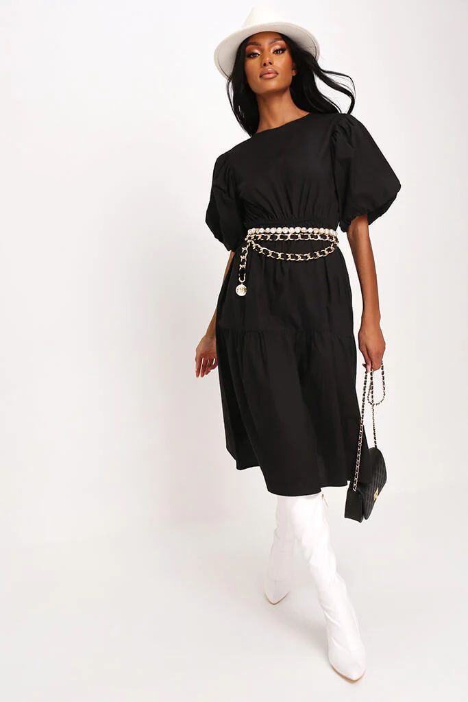 Black Cotton Poplin Puffball Sleeve Midi Dress | ISAWITFIRST