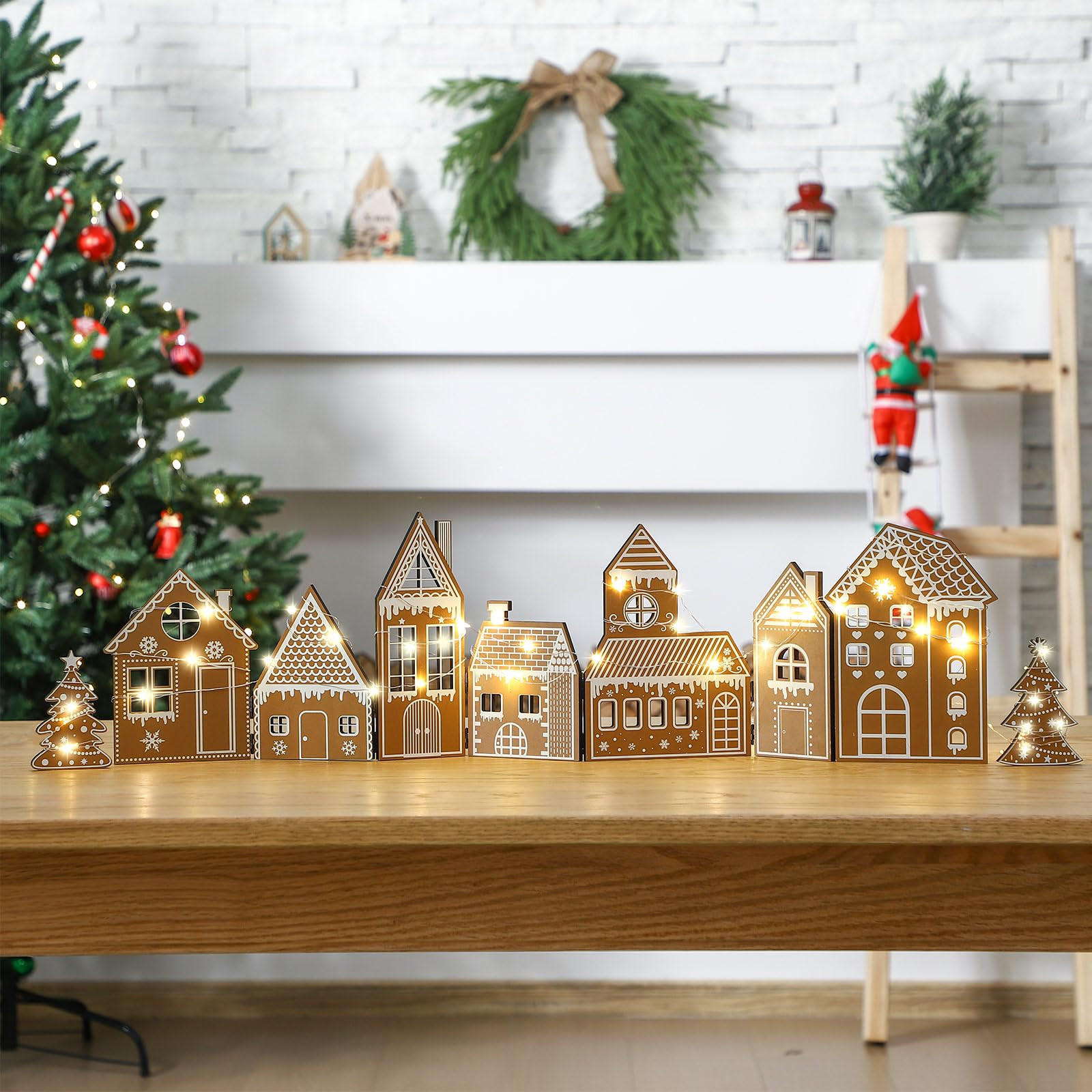 Retisee 1 Set Christmas Gingerbread House Decorations Foldable Christmas Gingerbreads House with LED Light and 2 Pcs Tree Xmas Village Home Decor Gift for Party (Gingerbread, Yellow) | Amazon (US)