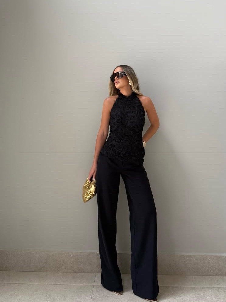 Black floral /lace appliqué top 
Black wide leg pants 
Gold clutch 

#LTKStyleTip #LTKPetite #LTKItBag