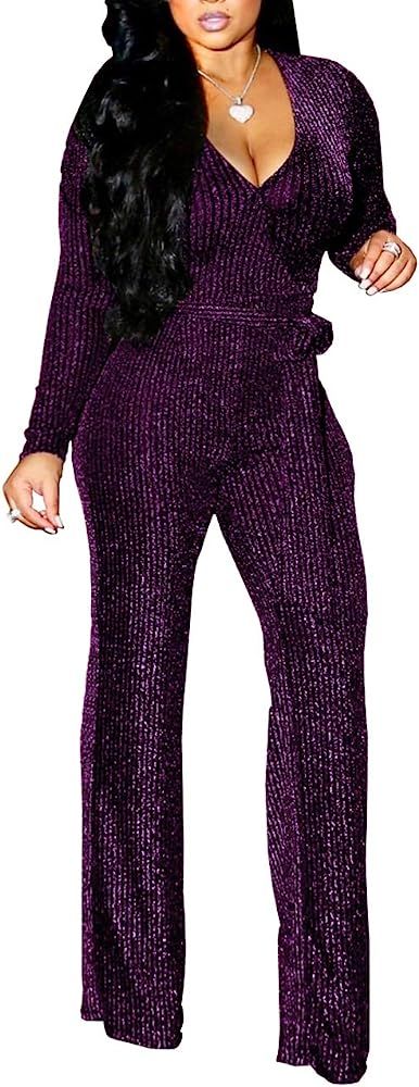 Women Casual Sexy V Neck Sparkly Jumpsuits Long Sleeve Onesie Loose Pants Party Clubwear with Bel... | Amazon (US)