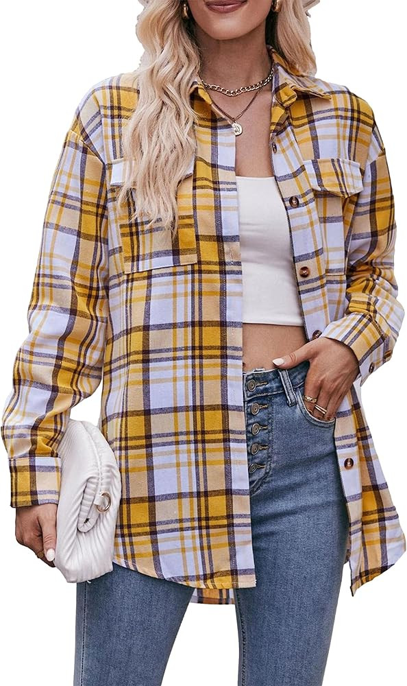Bozanly Women's Oversized Flannel Plaid Shirts Long Sleeve Button Down Shacket Blouse Tops with P... | Amazon (US)