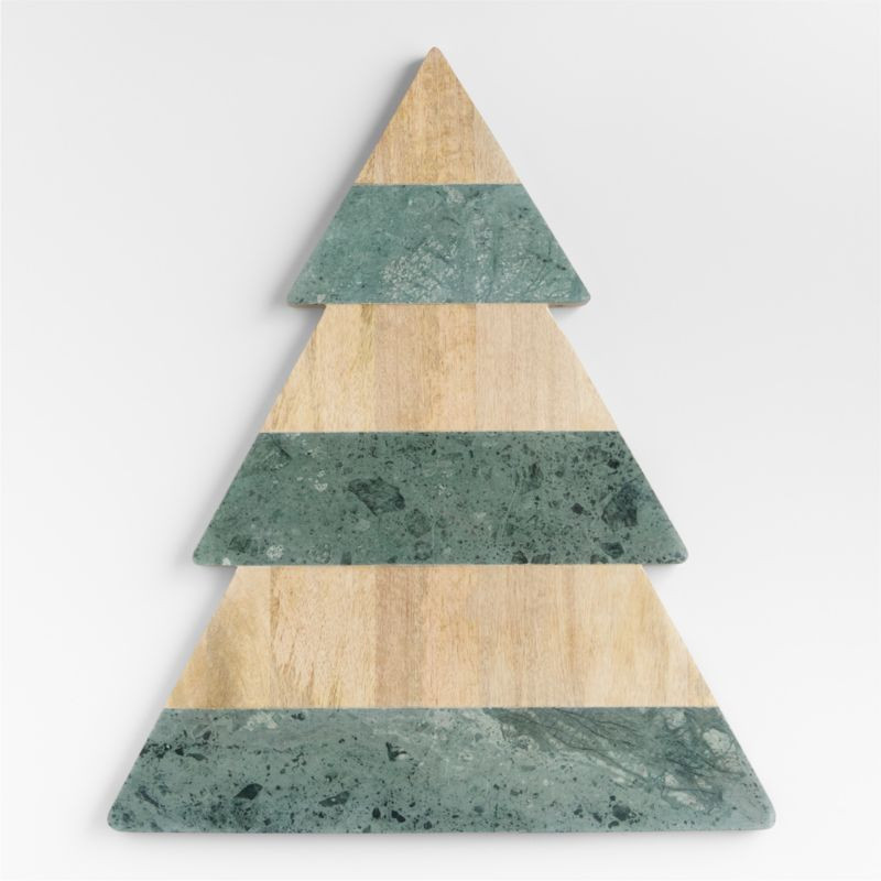 Taiga Holiday Large Wood and Green Marble Christmas Tree Serving Board Platter | Crate & Barrel | Crate & Barrel
