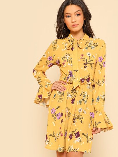 SHEIN Tie Neck Elastic Waist Floral Dress | SHEIN