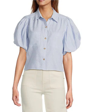 A Loves A Linen Stripe Point Collar Short Bubble Sleeve Button Front Shirt | Dillard's | Dillard's
