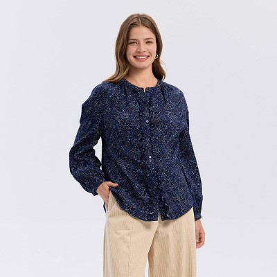 Women's Balloon Long Sleeve Button-Down Blouse - Universal Thread™ Navy Blue Floral XS | Target