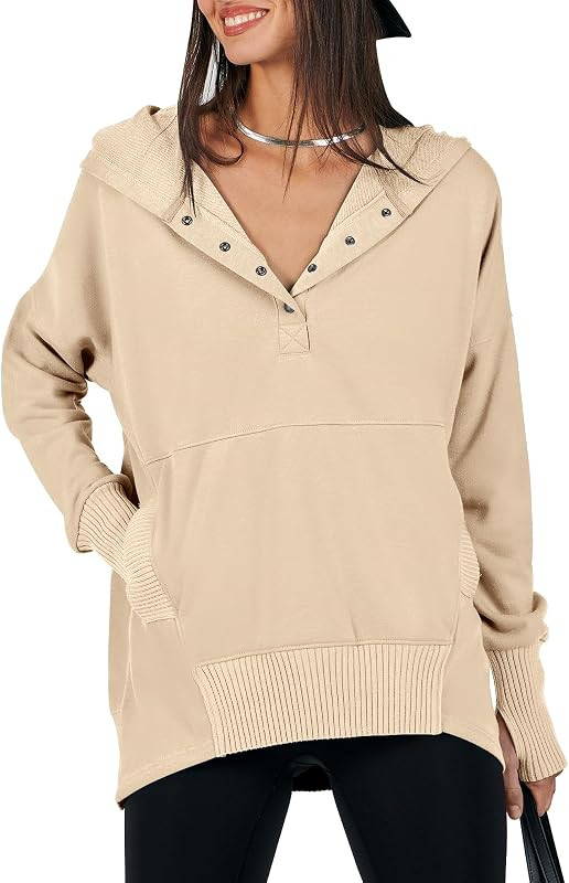 ANRABESS Women Casual Button V Neck Hoodies Oversized Pullover Sweatshirt Hooded Sweater Tops wit... | Amazon (US)