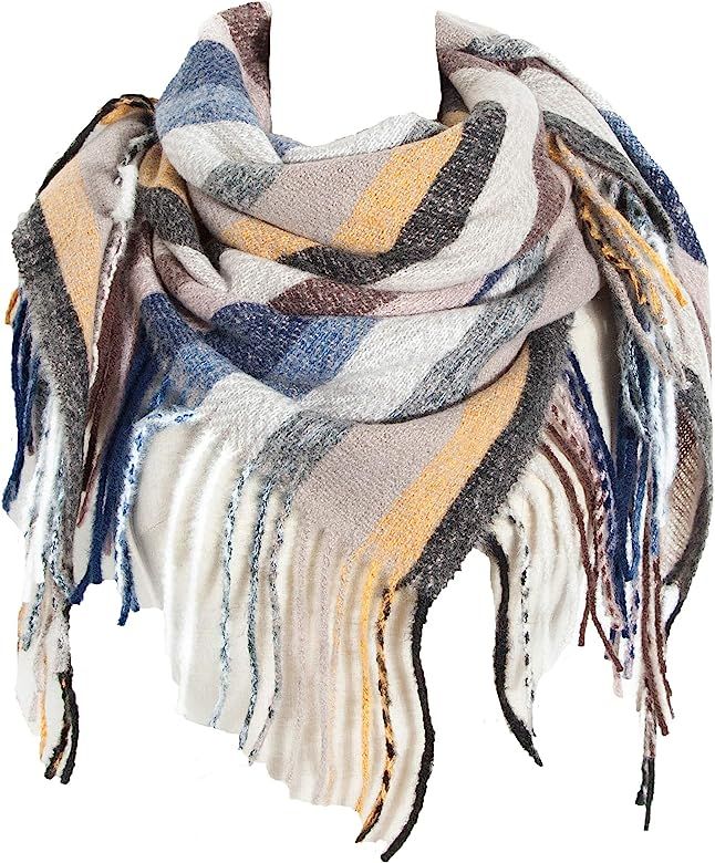 Womens Warm Scarf Square Rough Shawls Infinity Scarves Stripe Big Plaid | Amazon (US)