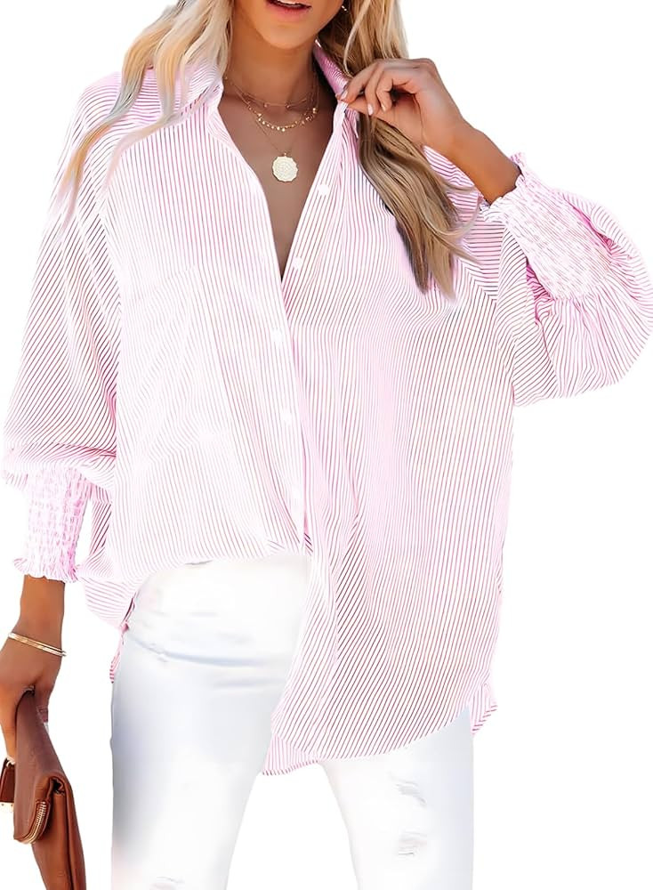 Dokotoo Womens V Neck Striped Button Down Shirts Long Sleeve Tunic Tops | Amazon (US)