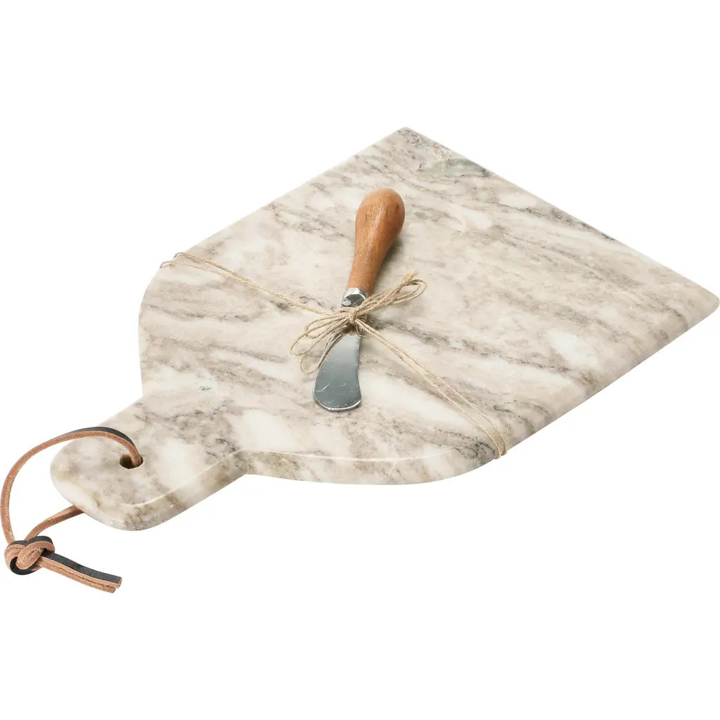 Storied Home Marble Cheese and Cutting Board with Handle, Leather Tie and Canape Knife, Buff in Brown at Nordstrom | Nordstrom