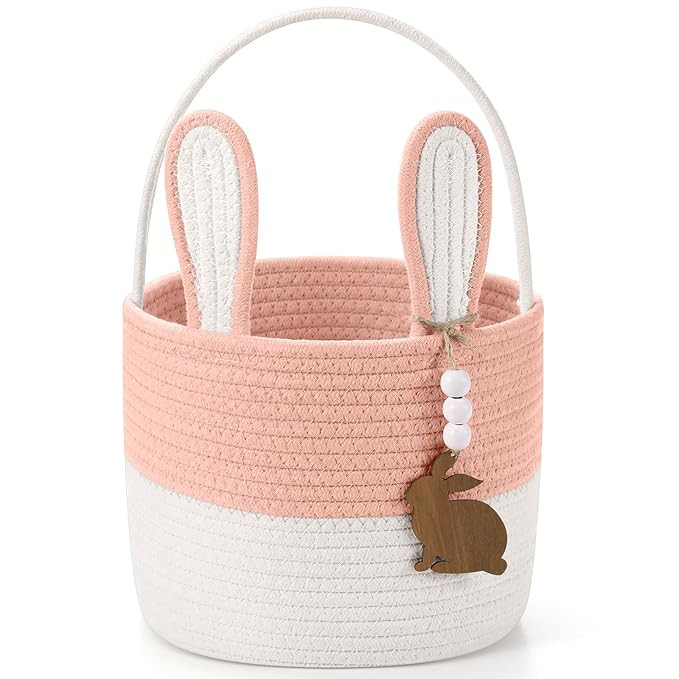 Easter Basket for Kids, Easter Bunny Basket with Name Tag Detachable Rabbit Ear Rustic Woven Gift... | Amazon (US)