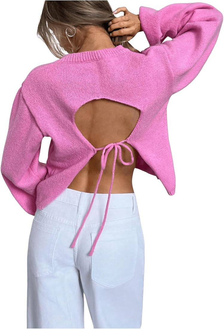 GORGLITTER Women's Bow Open Back Sweater Top Trendy Long Sleeve Backless Drop Shoulder Mock Neck ... | Amazon (US)