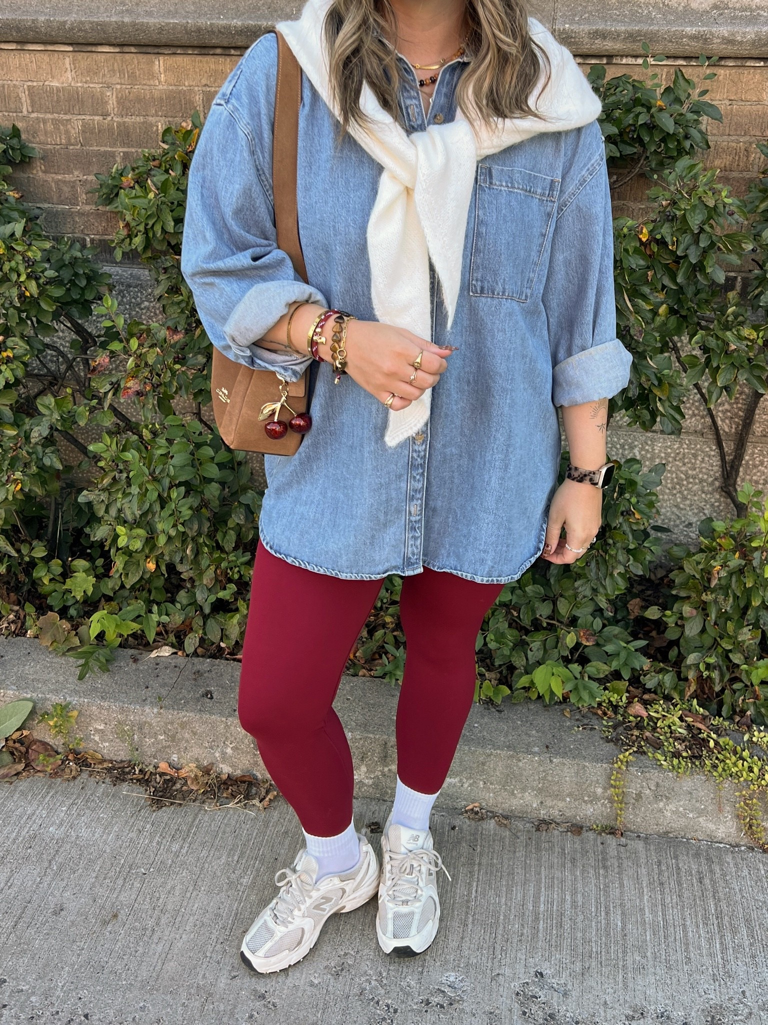 Comfy fall outfit! Wearing L in the denim shirt (exact Canadian shirt link under “similar products”). Also wearing L in the leggings, this color is “deep cherry” from last year, linked this year’s shade of burgundy. New Balance sneakers are super comfy for walking, I’m a 9.5-10 and wear a 9. Triangle scarf is such a fun accessory for fall! Exact Canadian scarf link also under “similar”

#LTKfall #LTKmidsize #LTKsale
